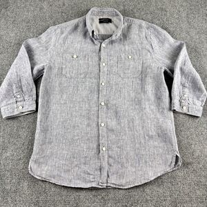 TATE Mens L Linen Blend Shirt Navy Chambray Regular Fit Double Pocket